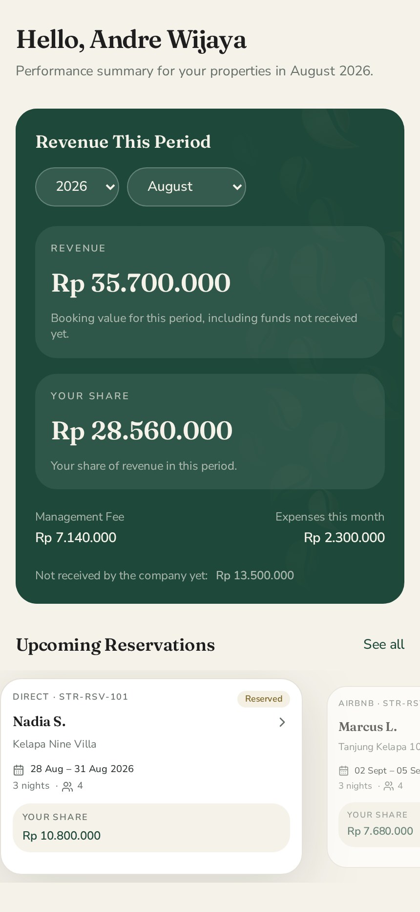 Owner Portal summary screen showing revenue, owner share, and upcoming reservations